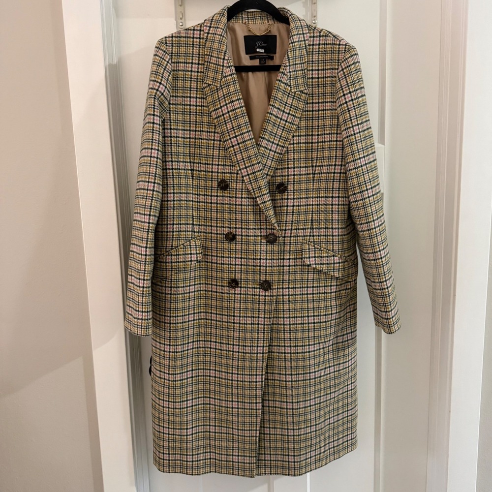 J Crew Long Double Breasted long Plaid Wool Blend Topcoat Coat Women's Size 14‎